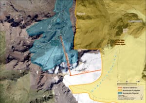 Plan für die Neuerschließung der Kaunertal Gletscherfläche. Ein großer Bereich von bis dato unberührter Natur müsste für Pisten und Seilbahnen komplett umgebaut werden. © ÖAV Geoinformation 